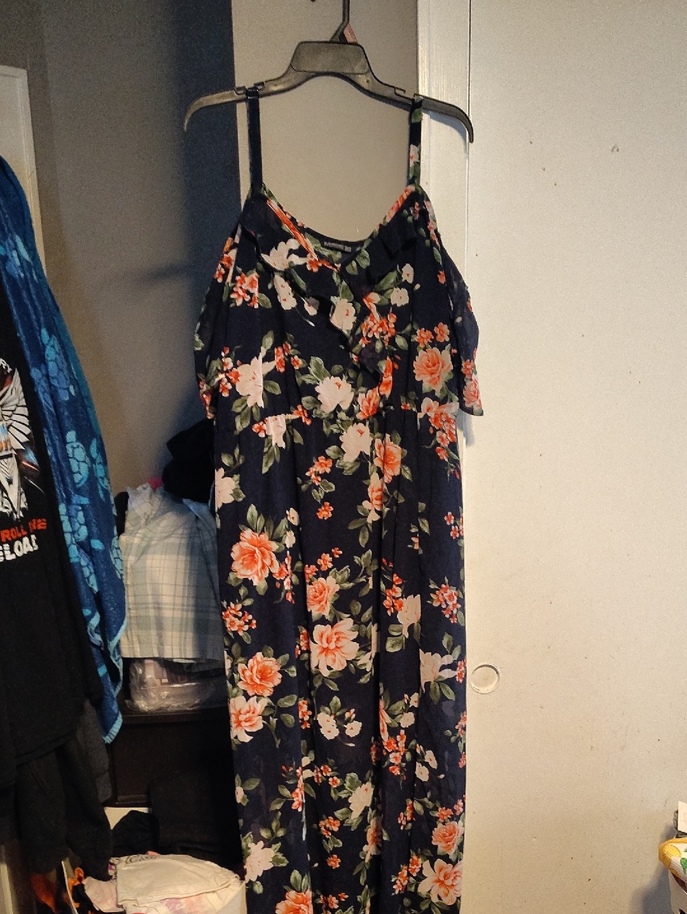 Navy Floral Spaghetti-Strap Cold Shoulder Maxi Dress -Navy Orange & Crm Flowers